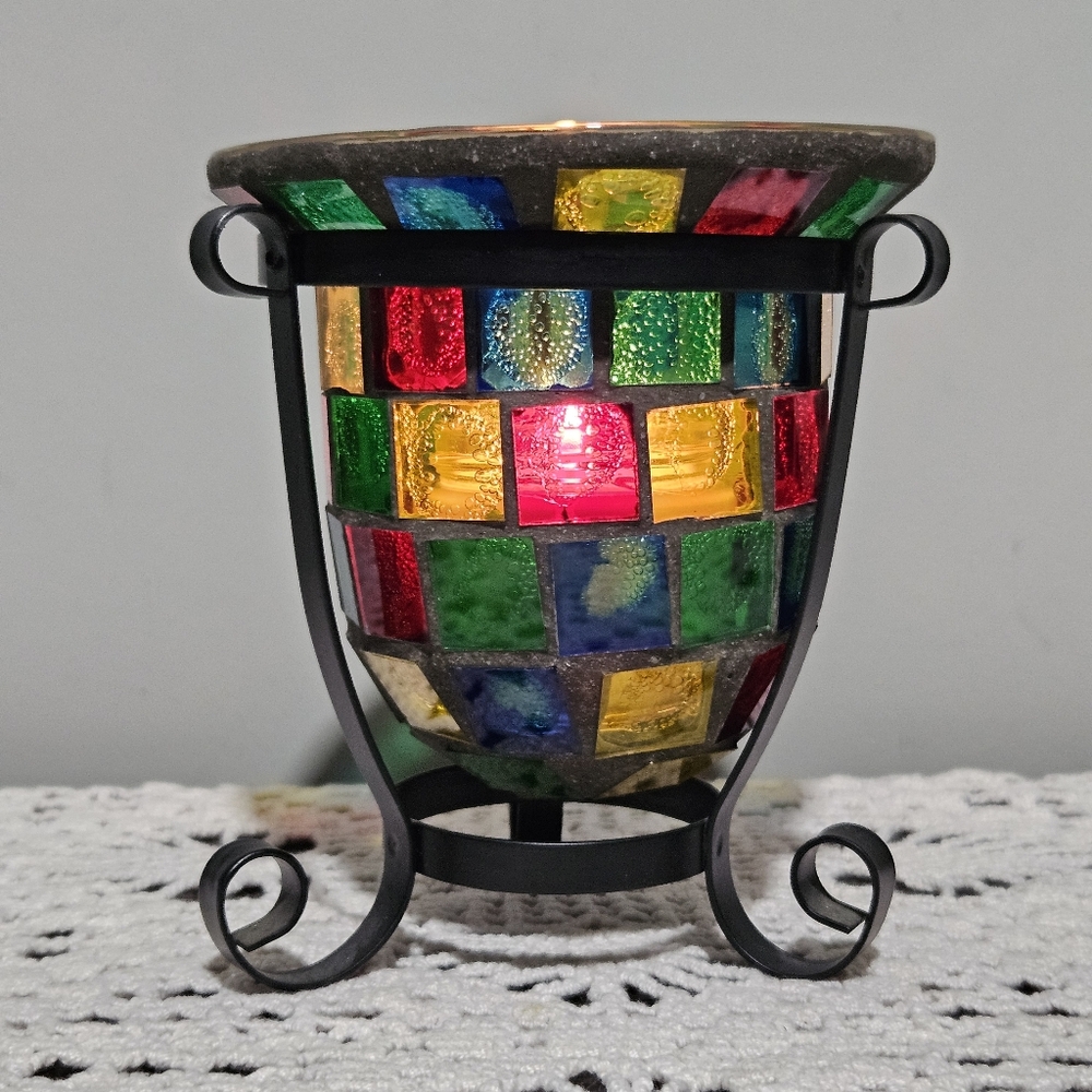 Mosaic Glass Candle Holder Votive w/ Wrought Iron Stand Multicolor Boho Decor